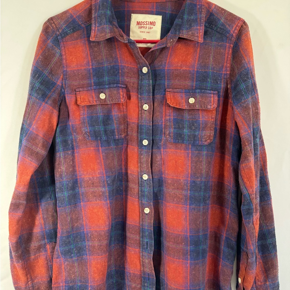 Red and blue plaid flannel button down shirt